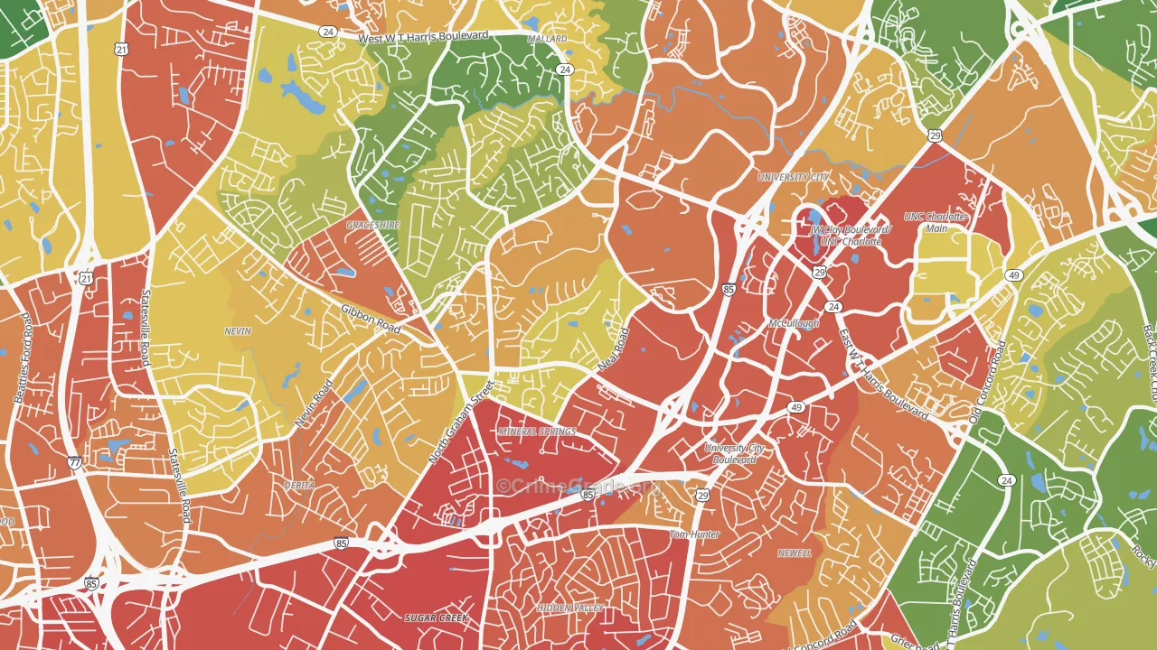Mineral Springs-Rumble Road, Charlotte, NC Map of Robbery Rates