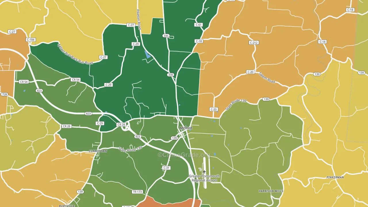 Minford, OH Map of Robbery Rates