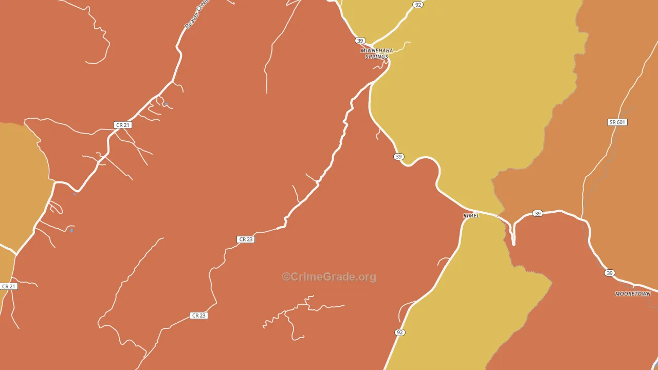 Minnehaha Springs, WV Map of Robbery Rates