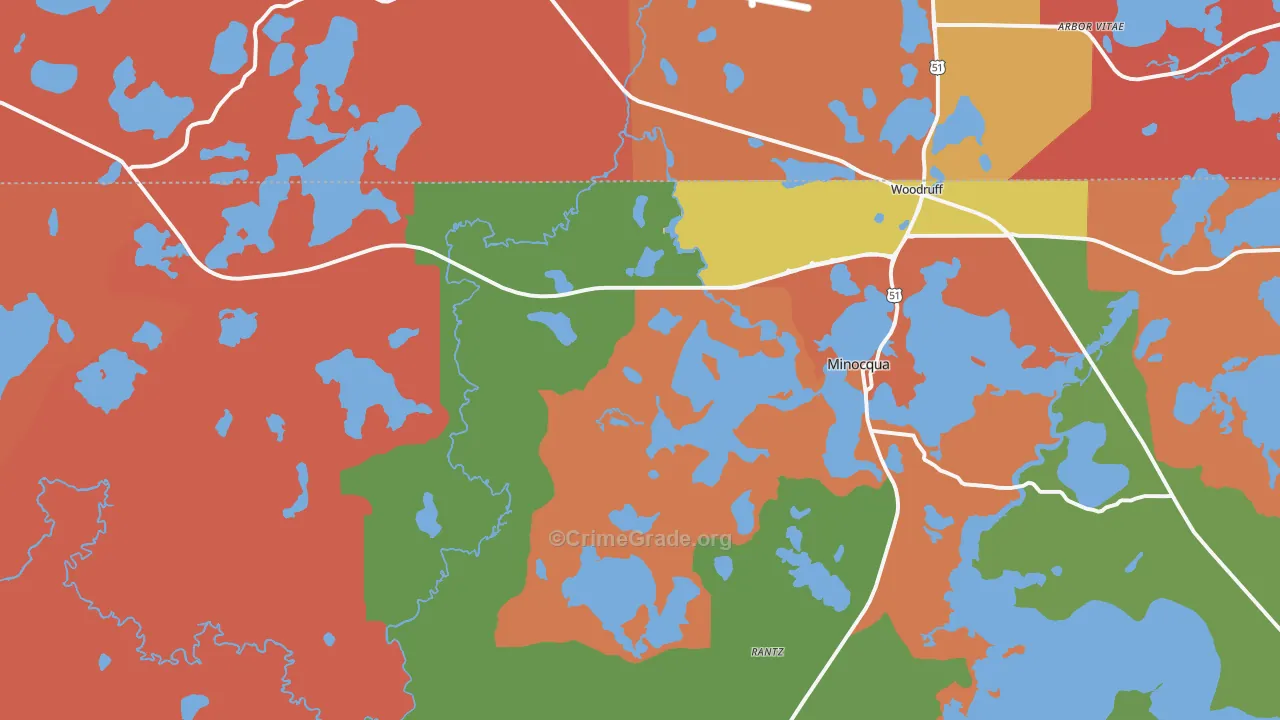 Minocqua, WI Map of Robbery Rates