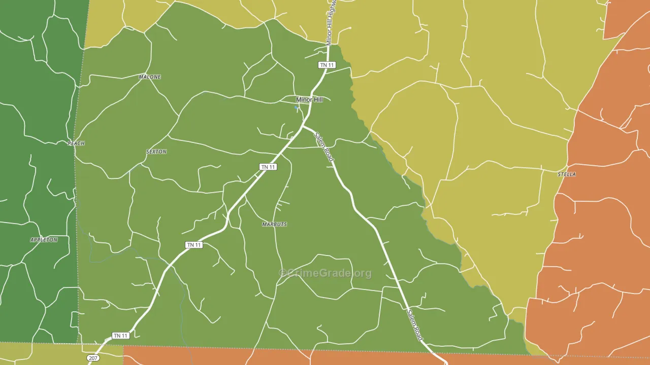 Minor Hill, TN Map of Robbery Rates