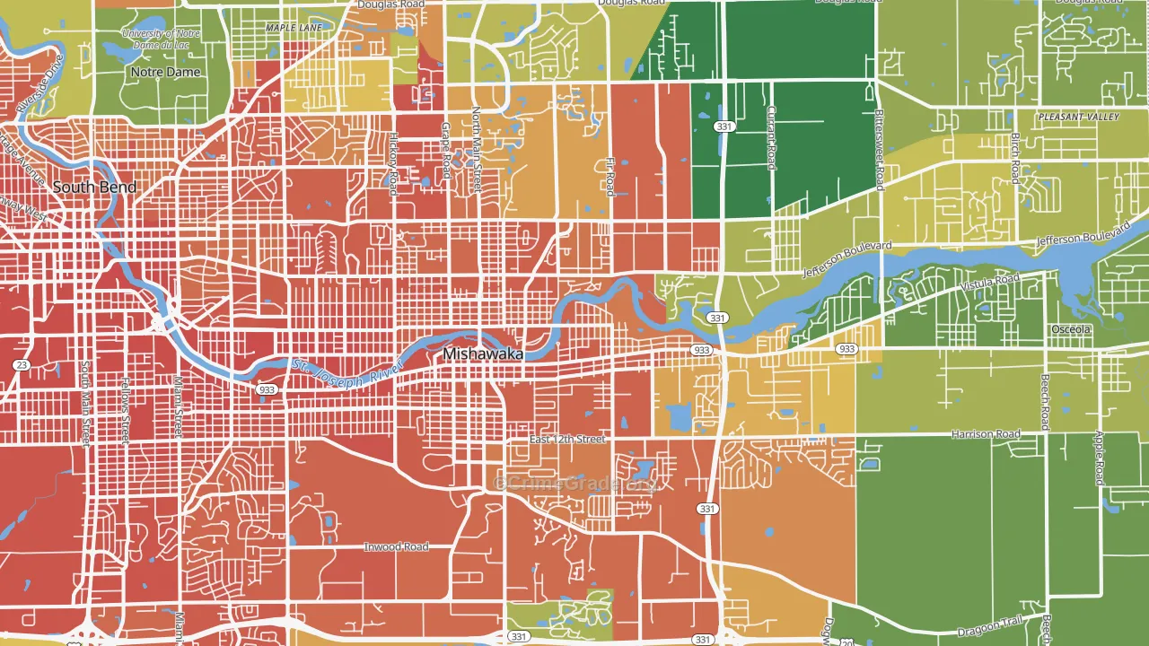 Mishawaka, IN Map of Robbery Rates