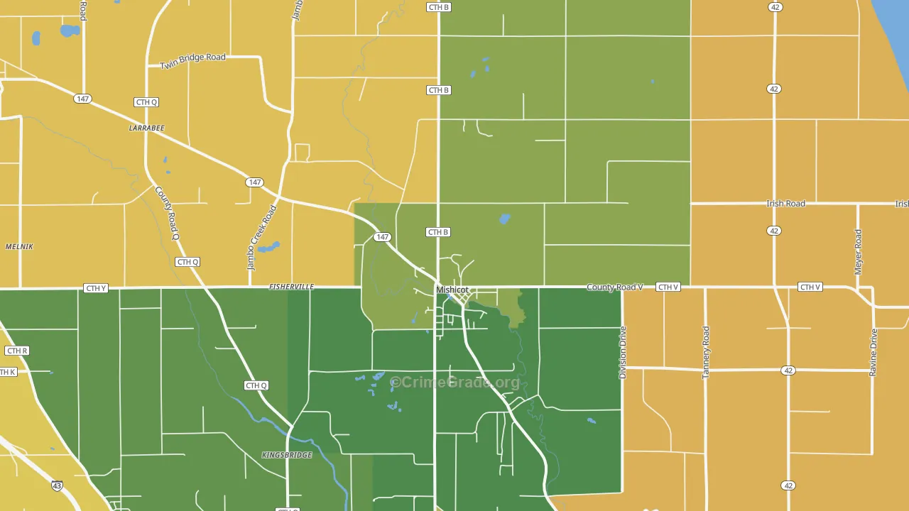 Mishicot, WI Map of Robbery Rates