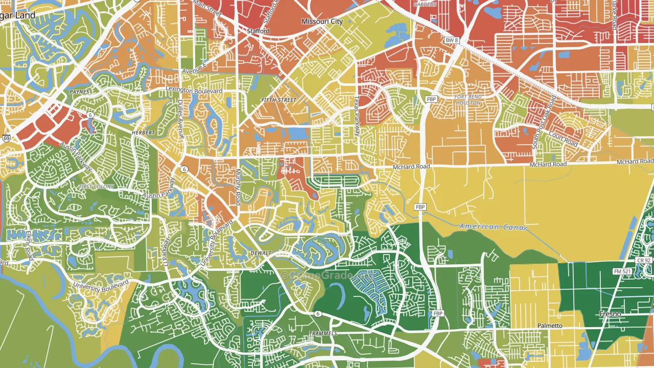 Missouri City, TX Map of Robbery Rates