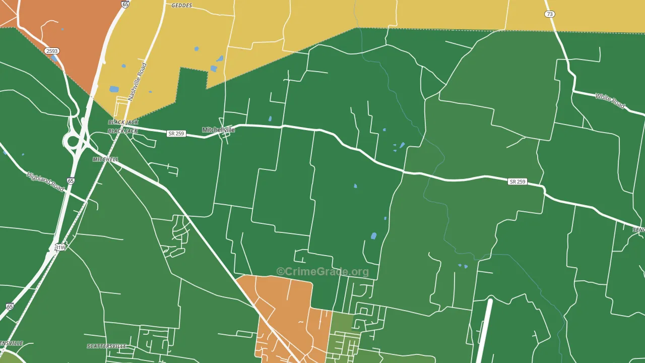 Mitchellville, TN Map of Robbery Rates