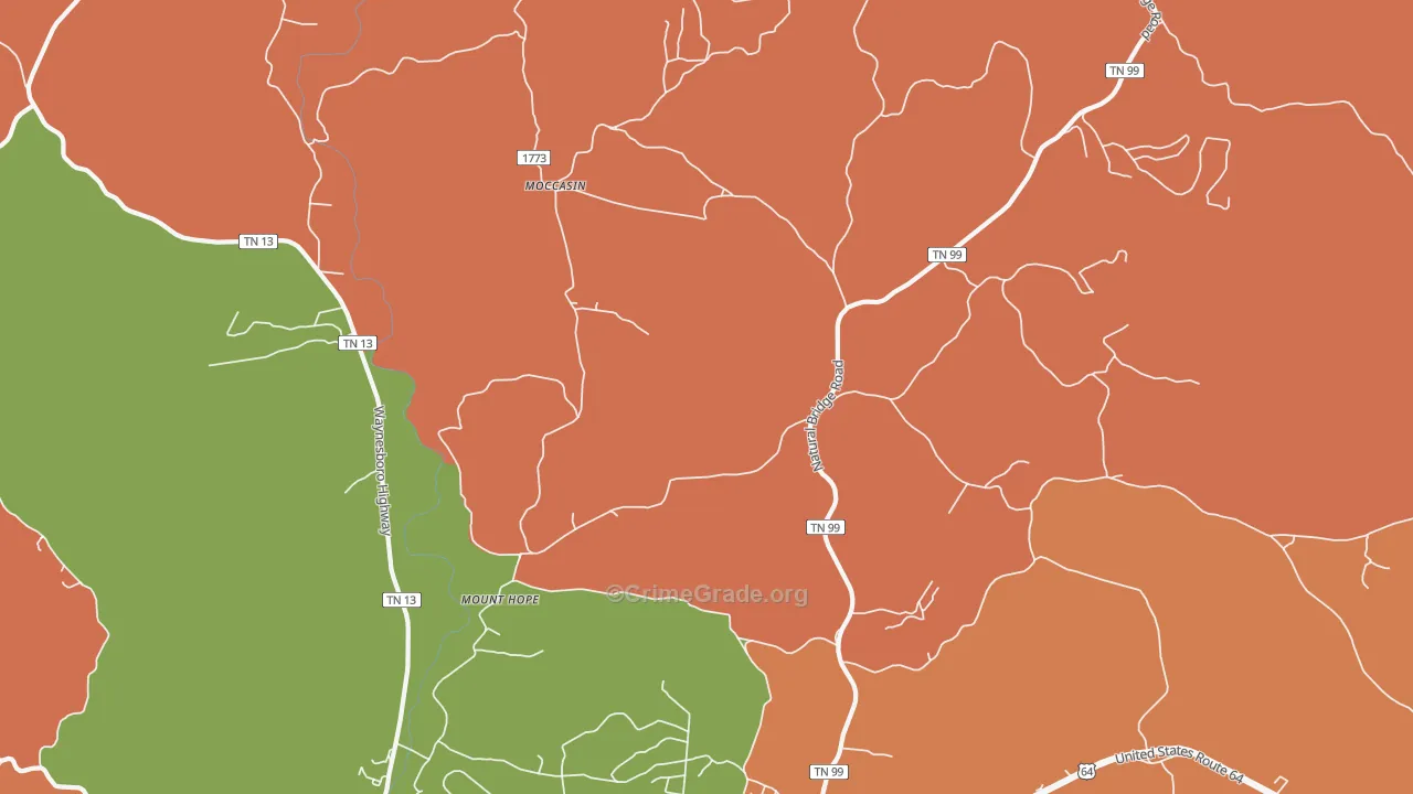 Moccasin, TN Map of Robbery Rates