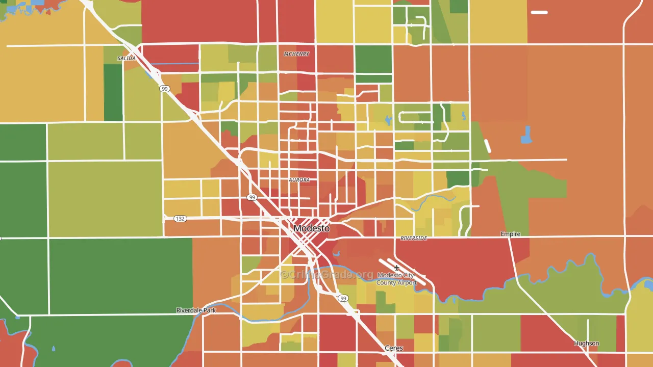 Modesto, CA Map of Robbery Rates