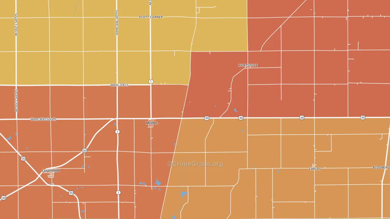 Modoc, IN Map of Robbery Rates