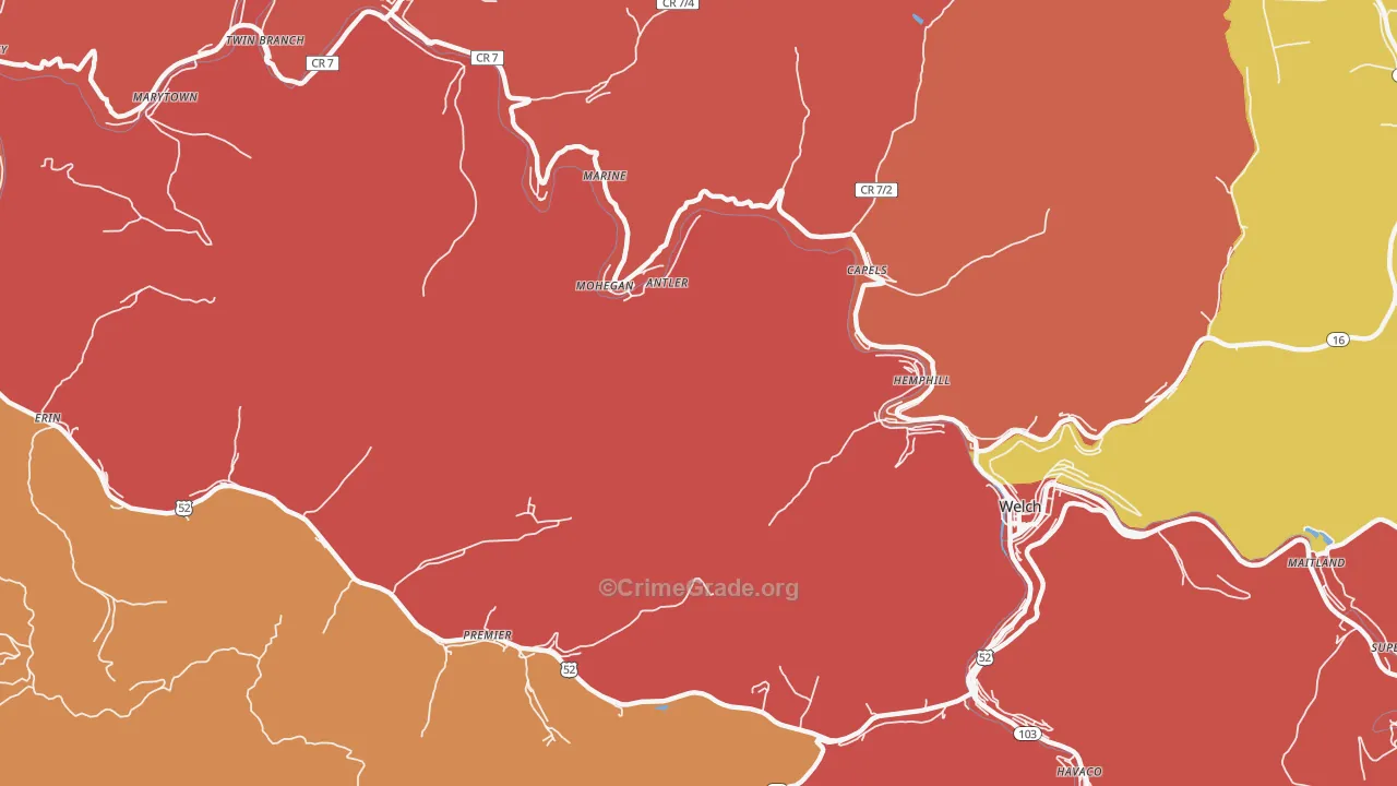 Mohegan, WV Map of Robbery Rates
