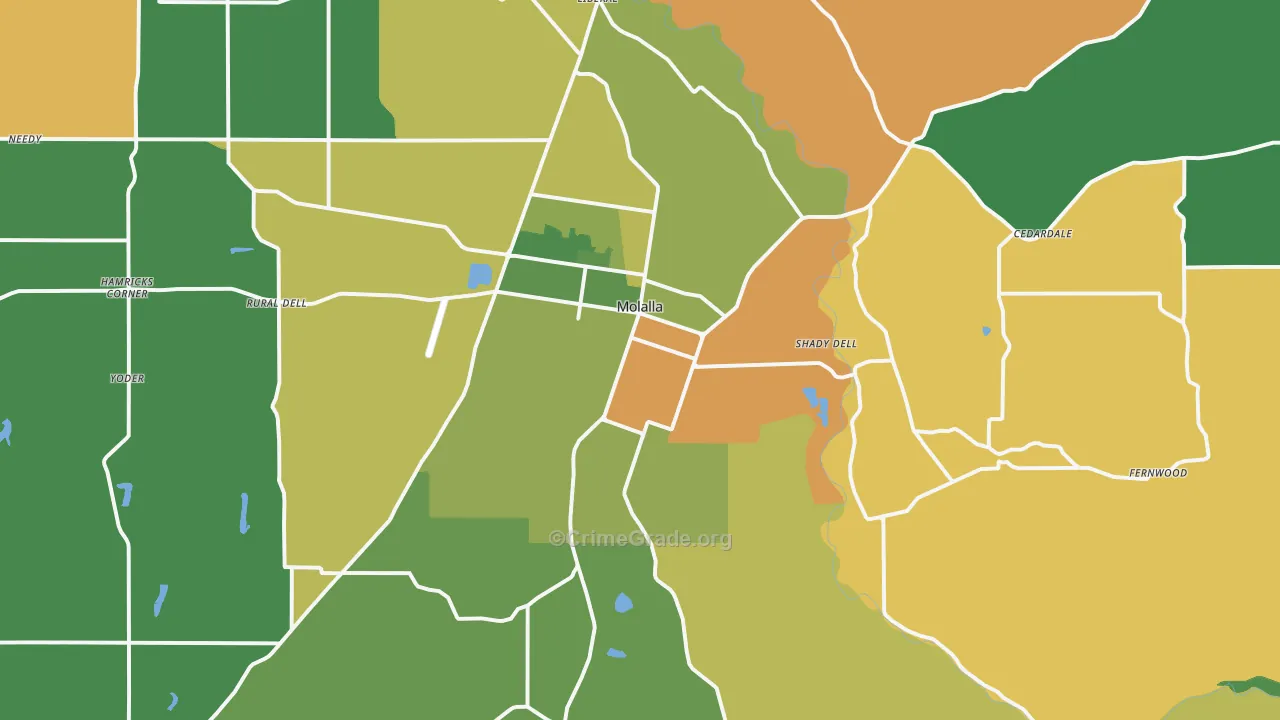 Molalla, OR Map of Robbery Rates