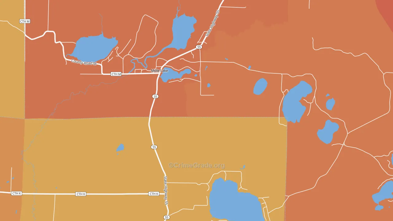 Mole Lake, WI Map of Robbery Rates