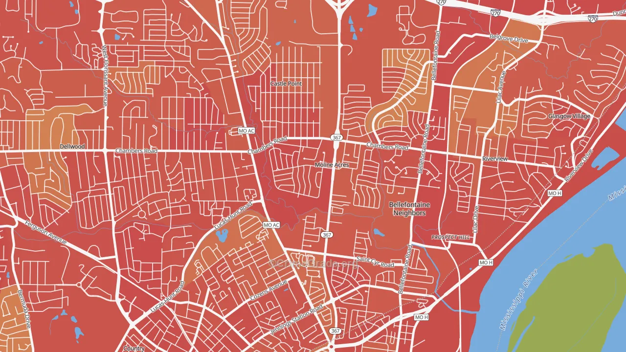 Moline Acres, MO Map of Robbery Rates