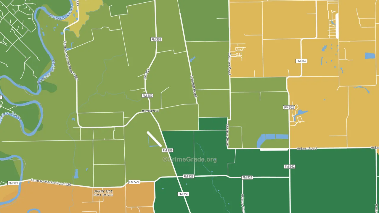 Monaville, TX Map of Robbery Rates
