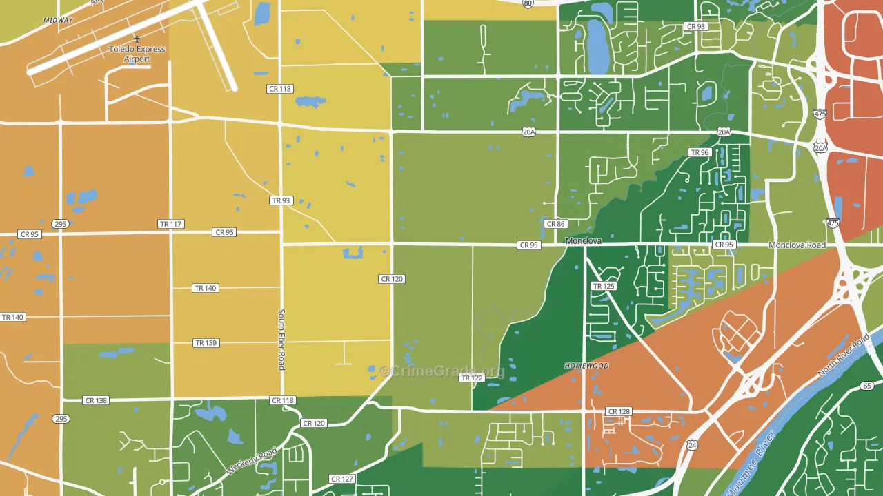 Monclova, OH Map of Robbery Rates