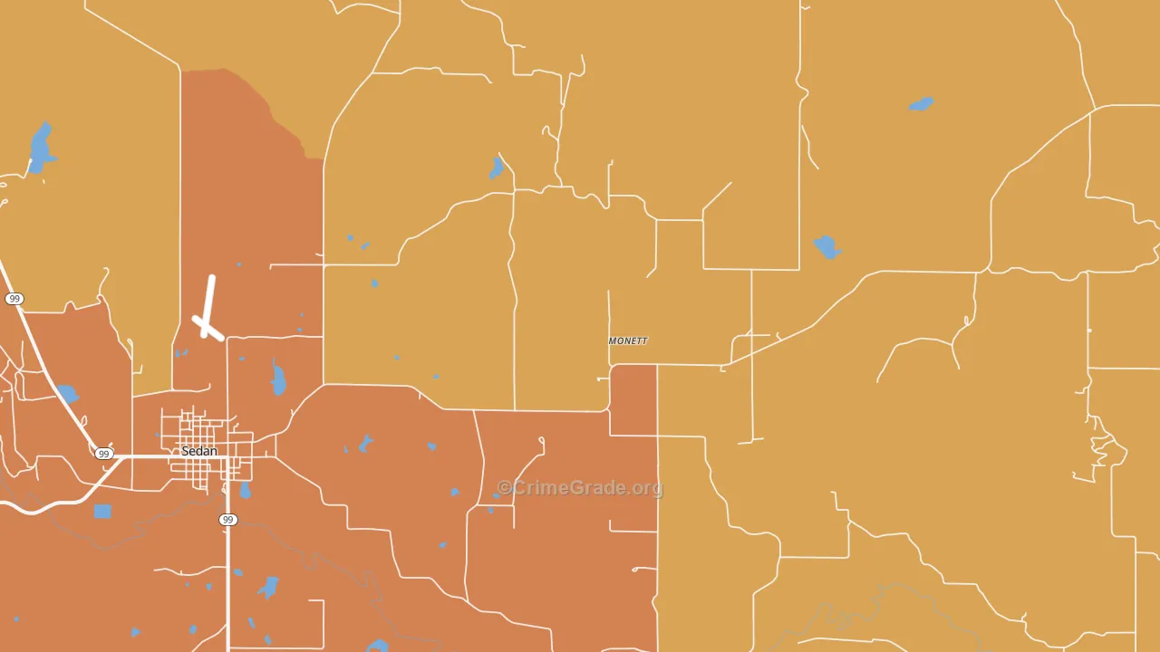 Monett, KS Map of Robbery Rates