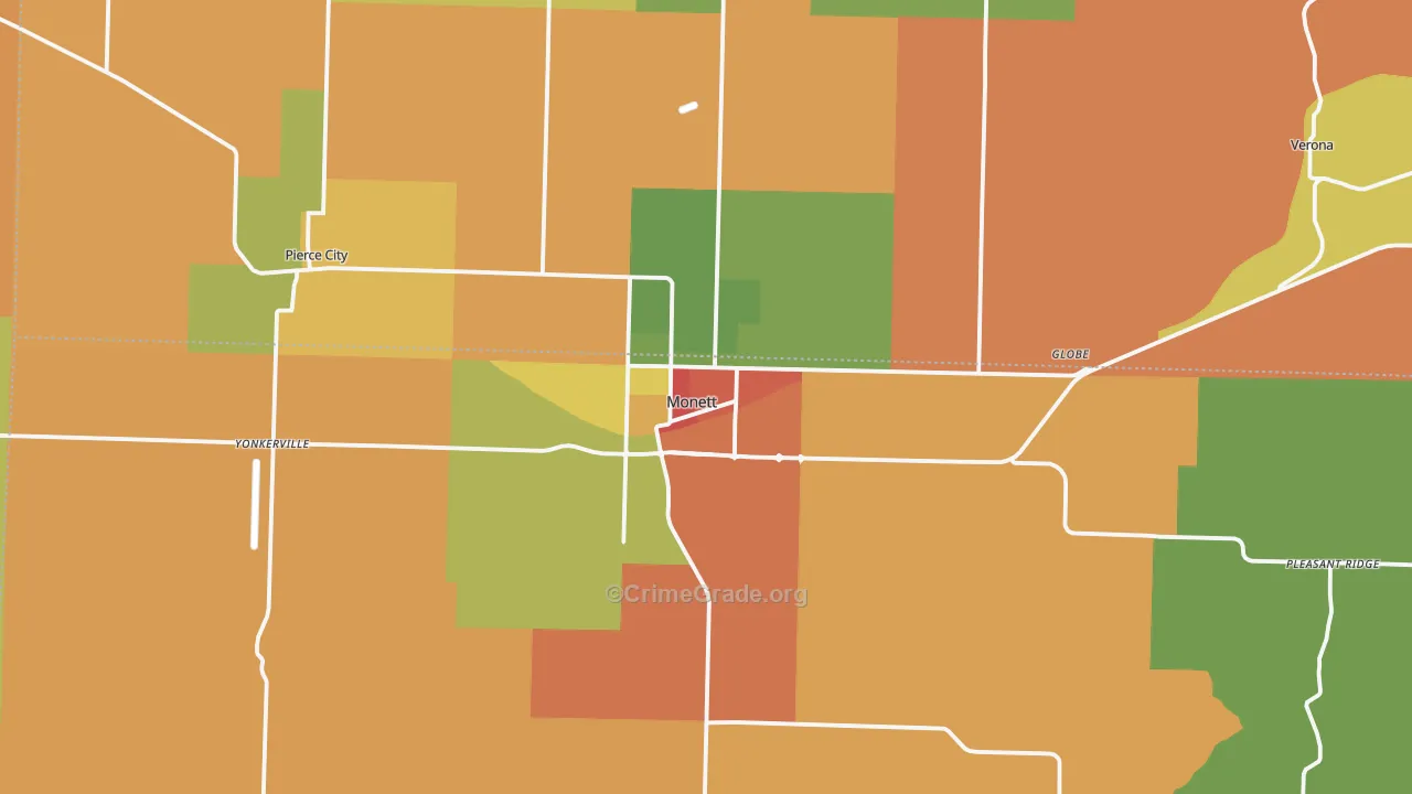 Monett, MO Map of Robbery Rates