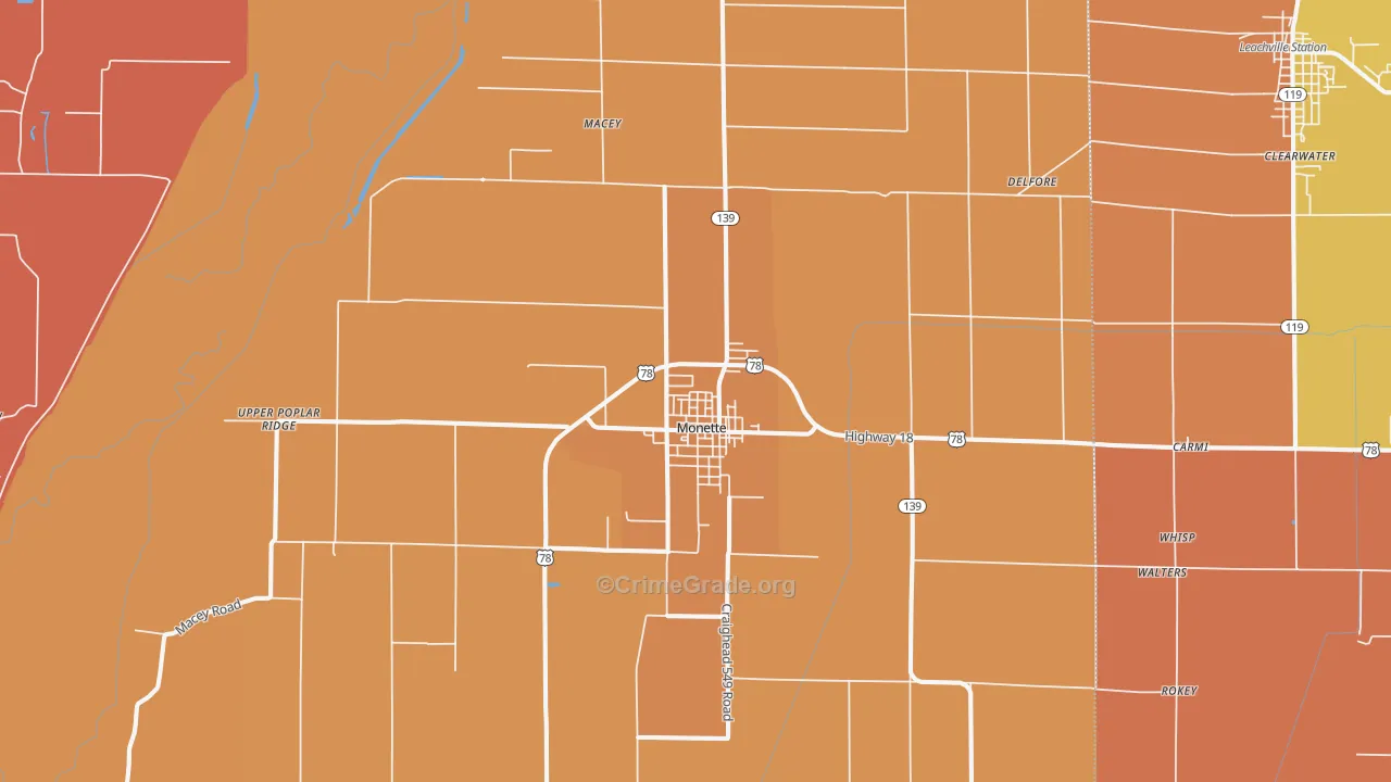 Monette, AR Map of Robbery Rates