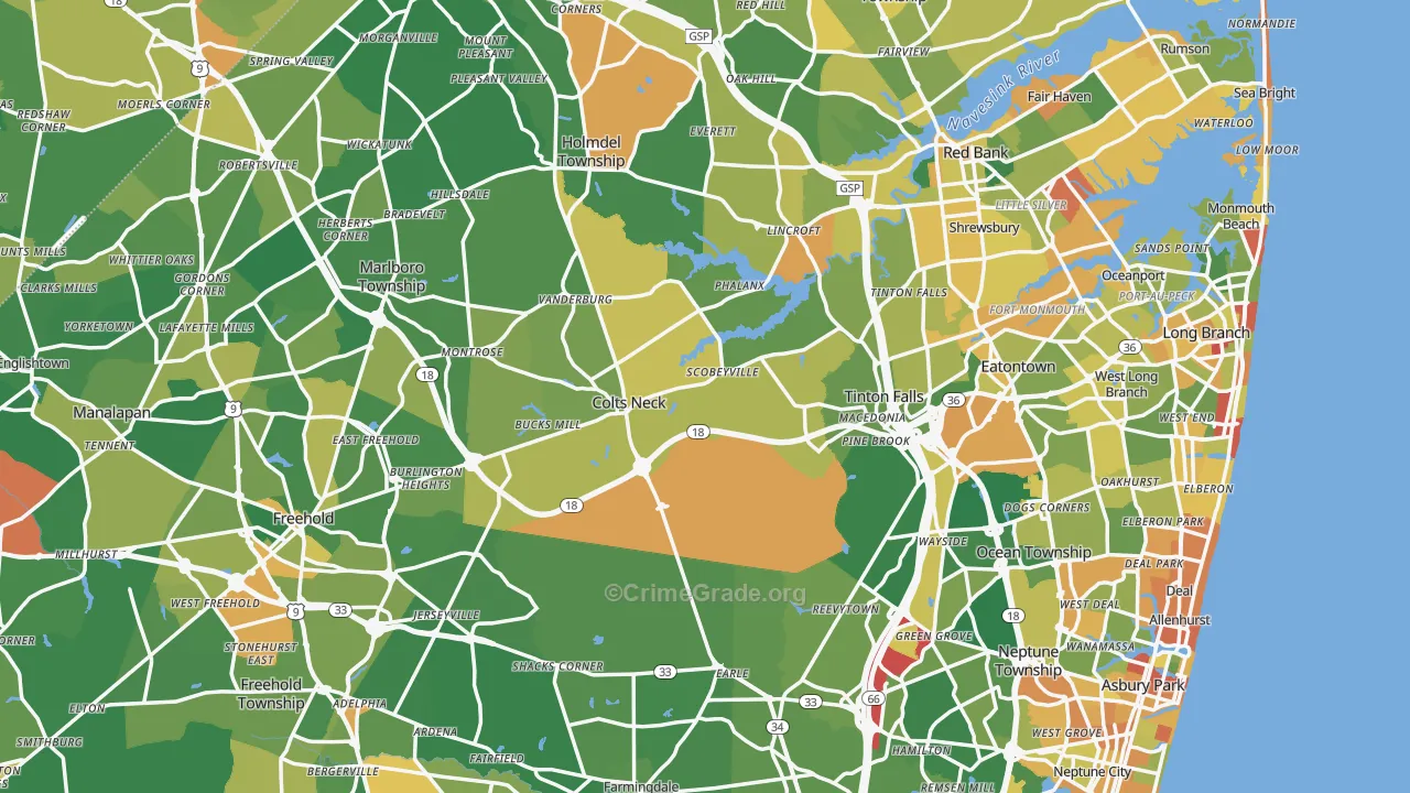 Monmouth County, NJ Map of Robbery Rates