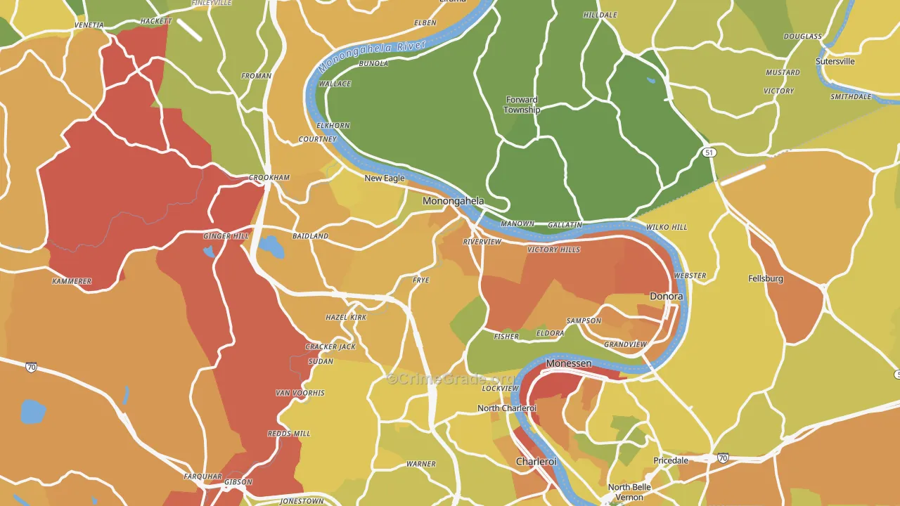 Monongahela, PA Map of Robbery Rates