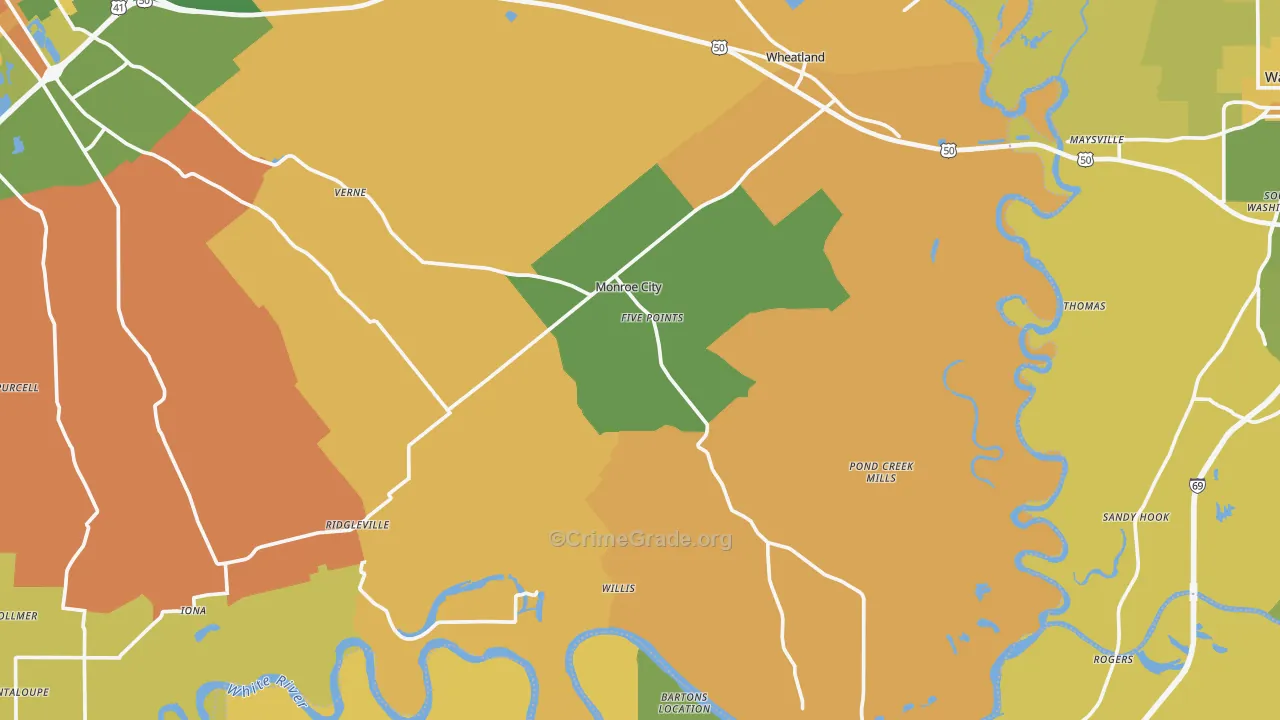 Monroe City, IN Map of Robbery Rates