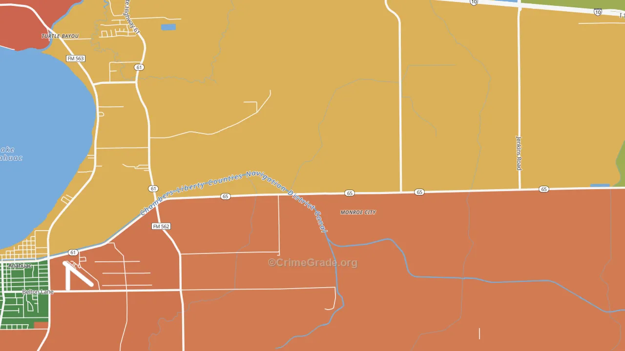 Monroe City, TX Map of Robbery Rates