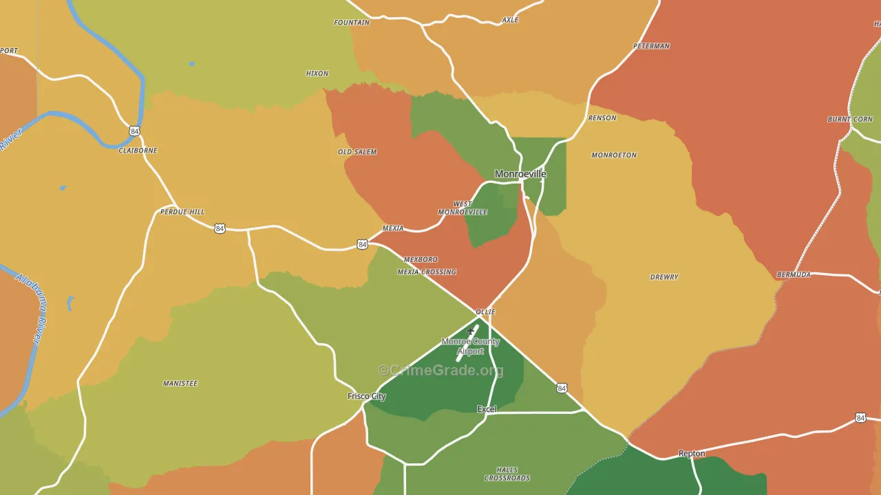Monroe County, AL Map of Robbery Rates