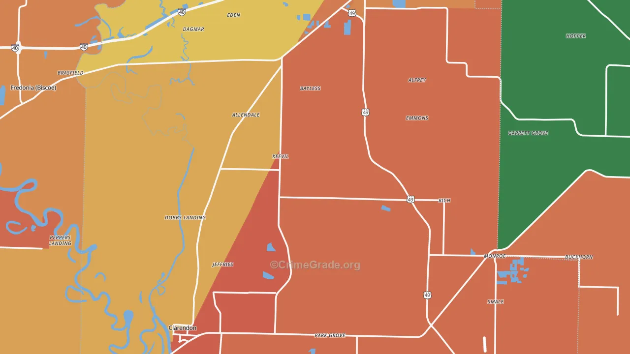 Monroe County, AR Map of Robbery Rates