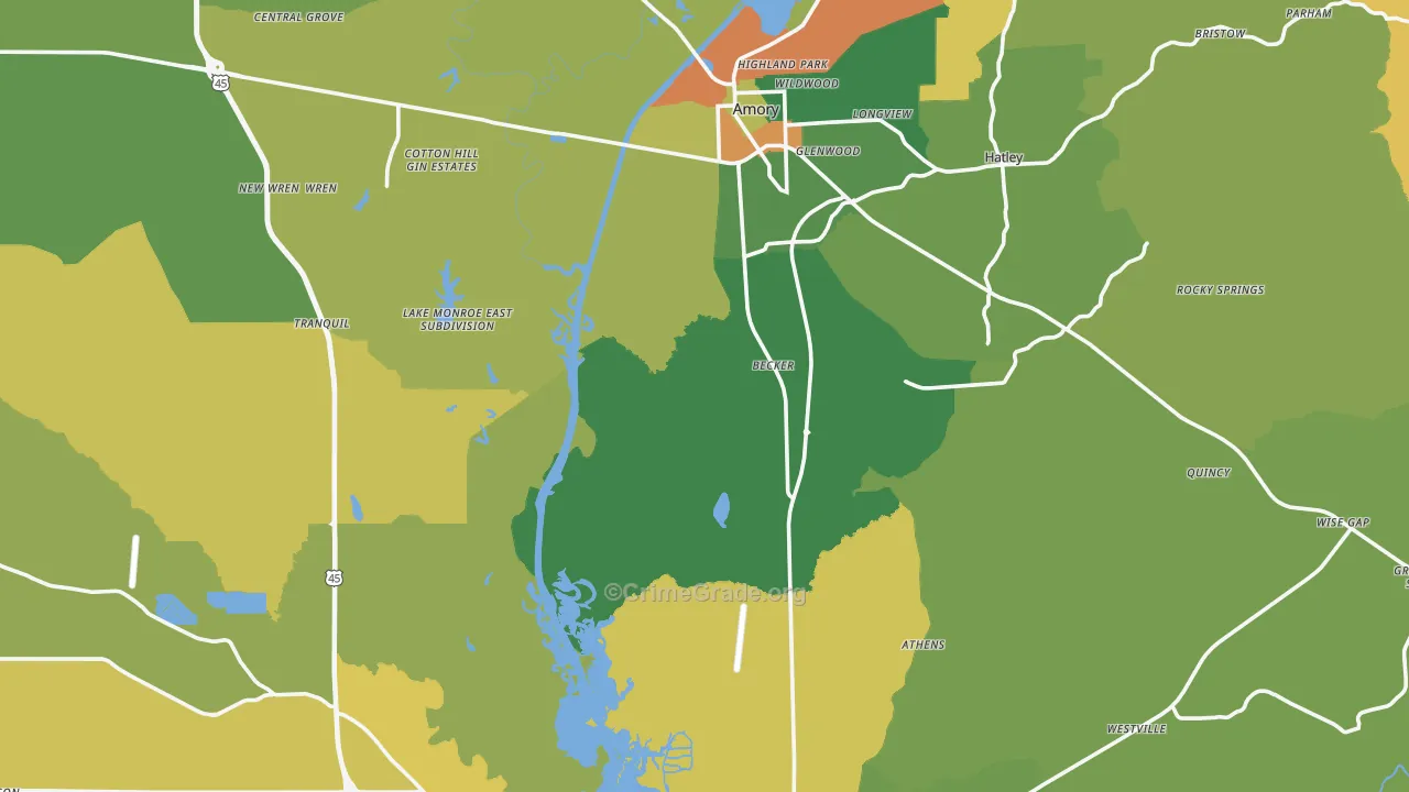 Monroe County, MS Map of Robbery Rates