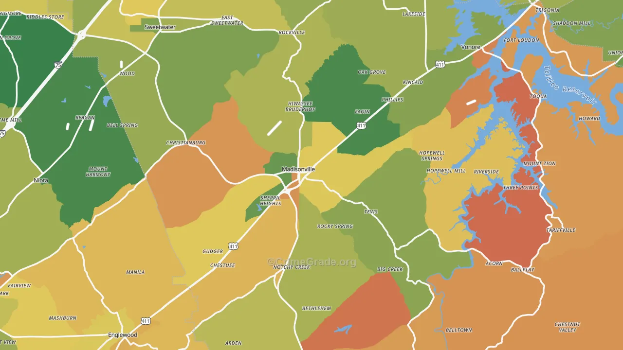 Monroe County, TN Map of Robbery Rates
