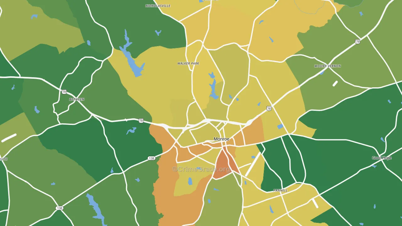 Monroe, GA Map of Robbery Rates