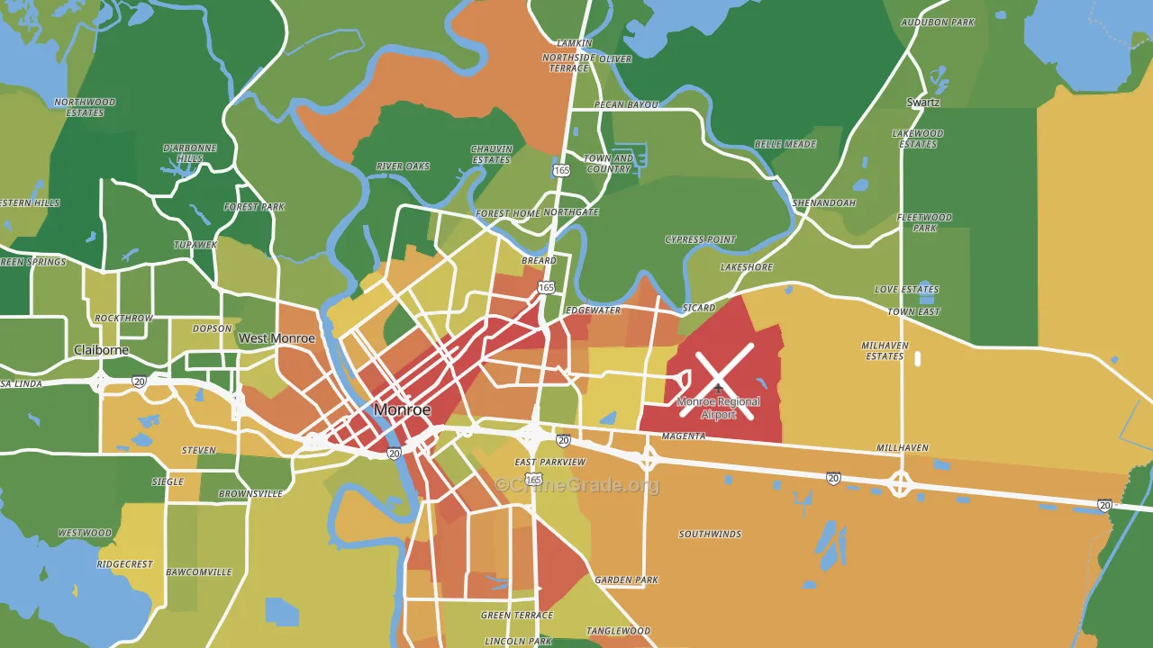 Monroe, LA Map of Robbery Rates