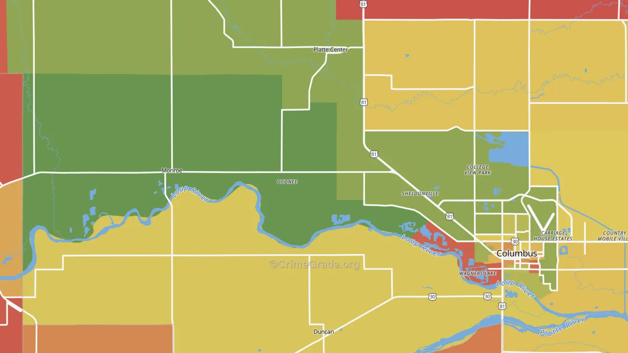 Monroe, NE Map of Robbery Rates