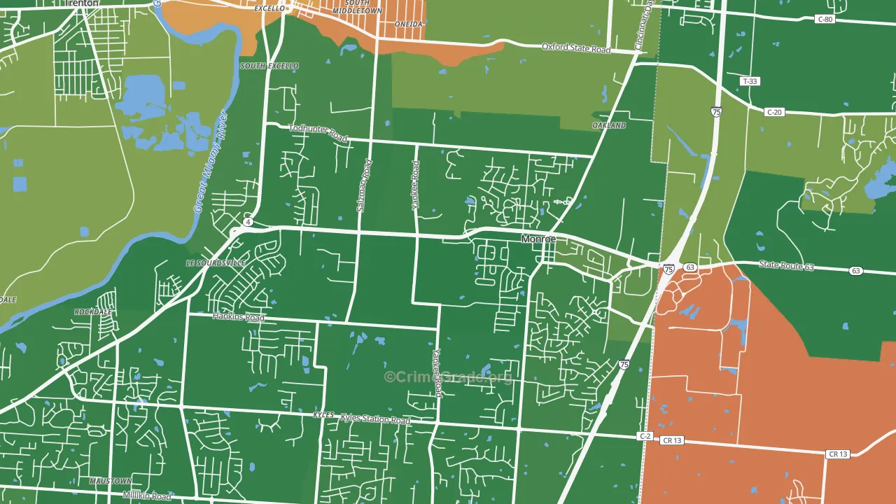 Monroe, OH Map of Robbery Rates