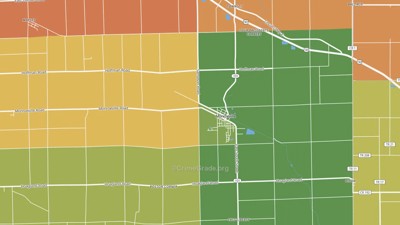 Monroeville, IN Map of Robbery Rates