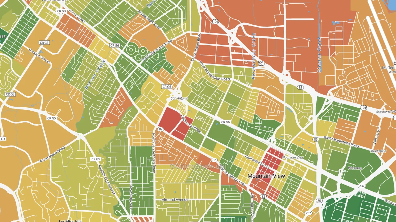 Monta Loma, Mountain View, CA Map of Robbery Rates