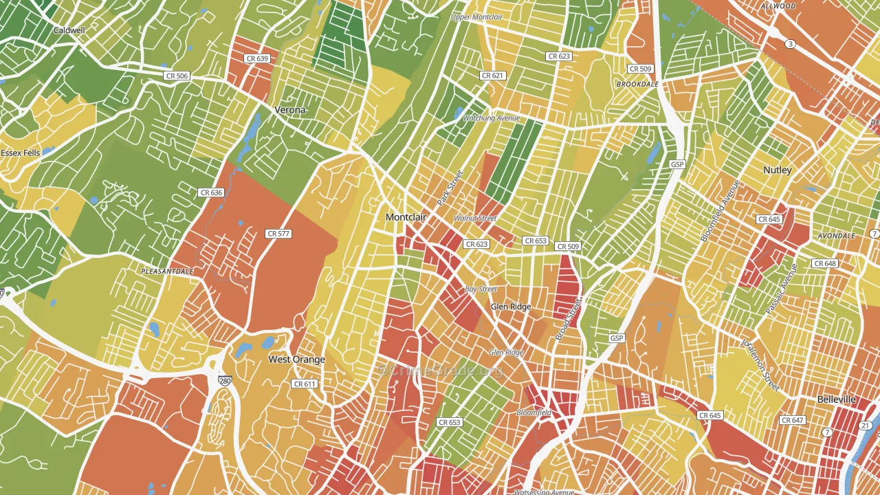 Montclair, NJ Map of Robbery Rates