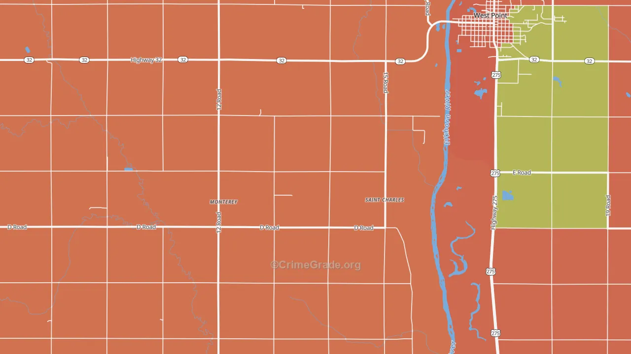 Monterey, NE Map of Robbery Rates