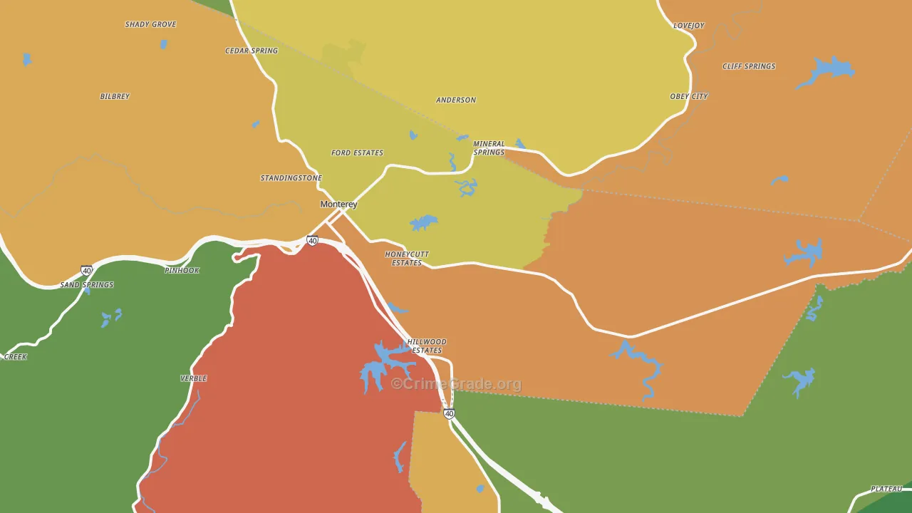 Monterey, TN Map of Robbery Rates