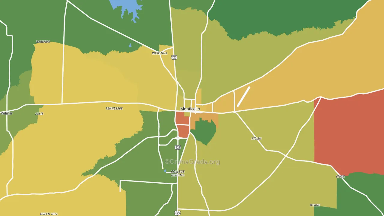 Monticello, AR Map of Robbery Rates