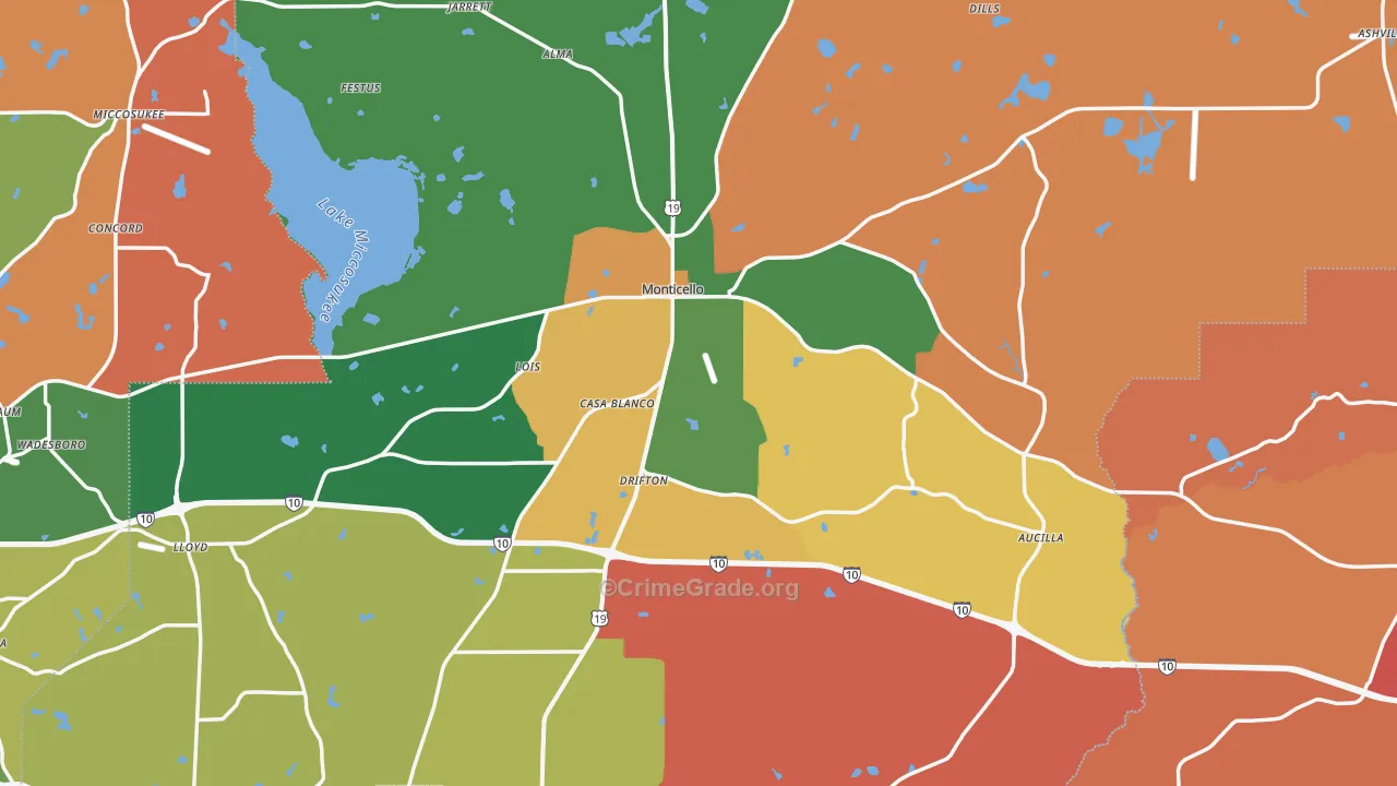 Monticello, FL Map of Robbery Rates