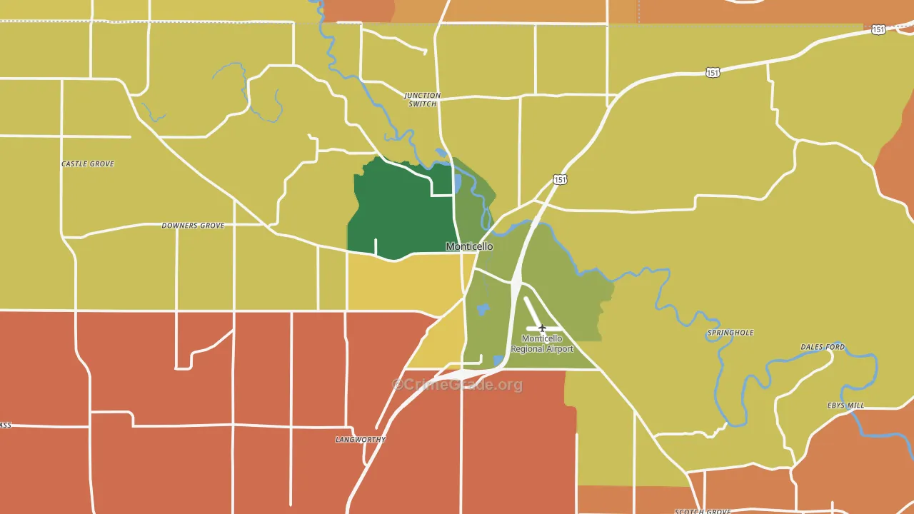 Monticello, IA Map of Robbery Rates