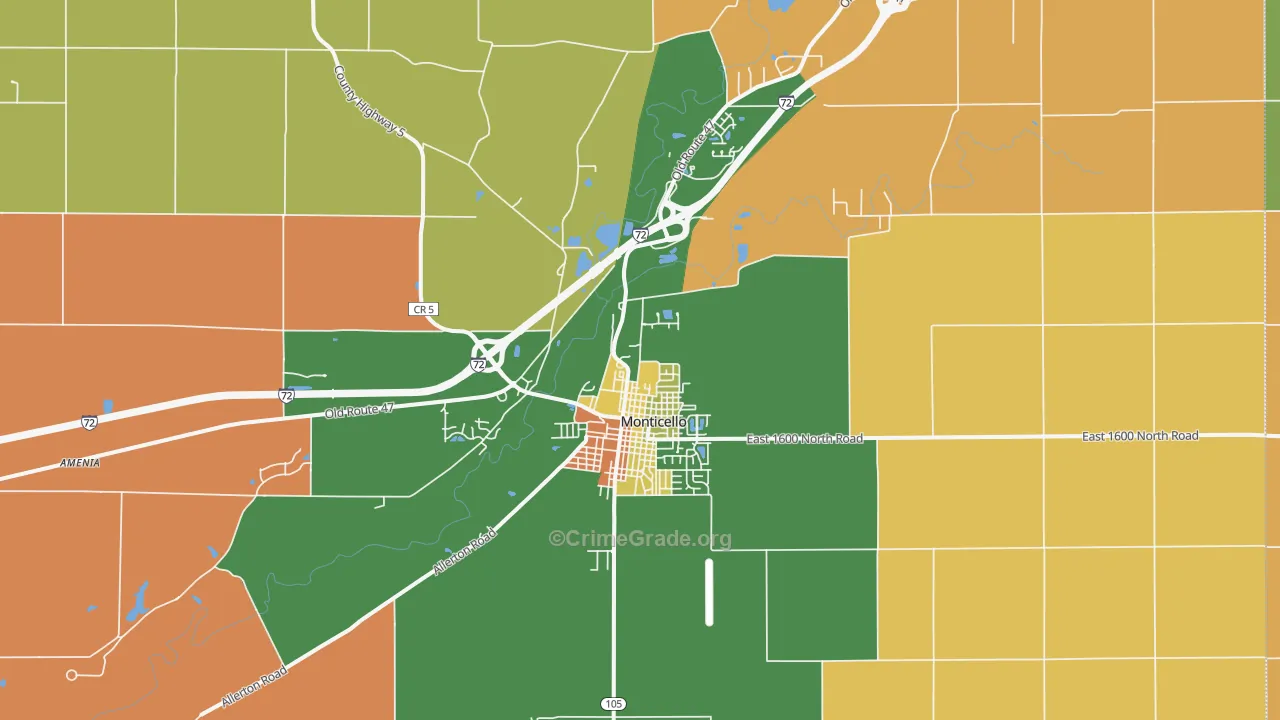 Monticello, IL Map of Robbery Rates