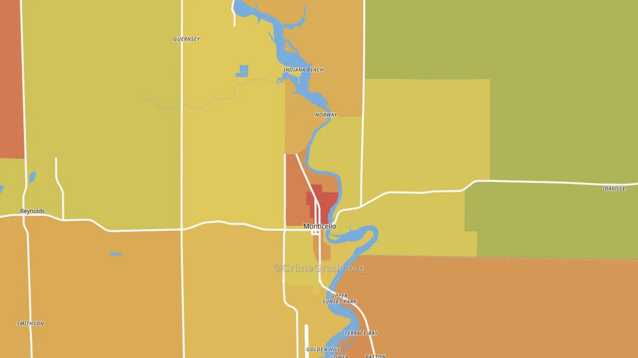 Monticello, IN Map of Robbery Rates