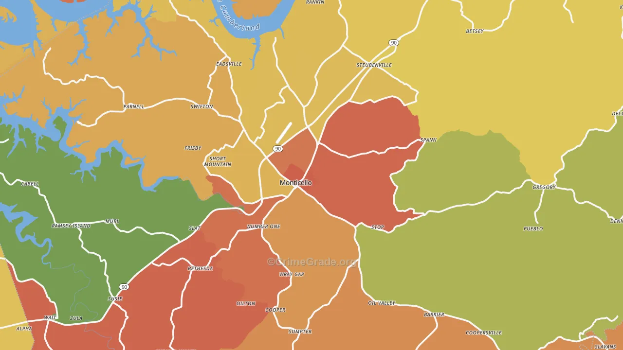 Monticello, KY Map of Robbery Rates