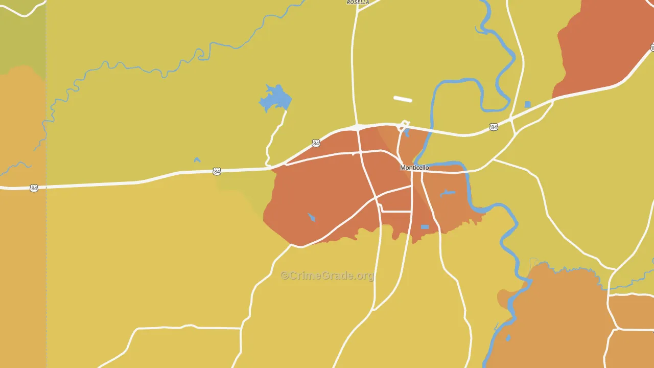 Monticello, MS Map of Robbery Rates