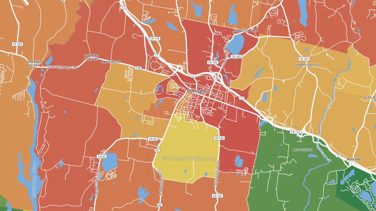 Monticello, NY Map of Robbery Rates