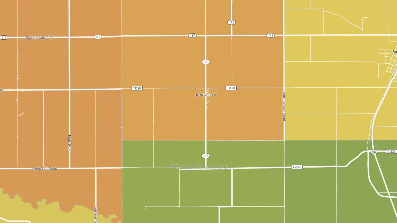 Monticello, OH Map of Robbery Rates