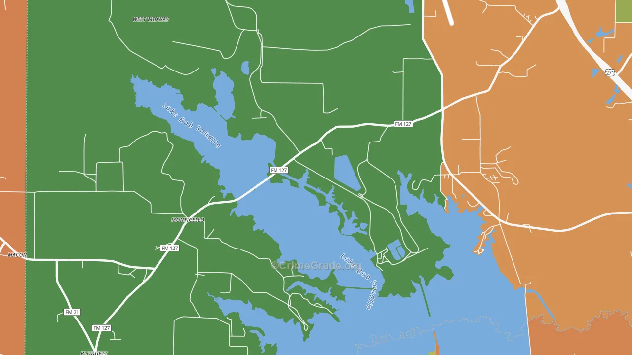 Monticello, TX Map of Robbery Rates