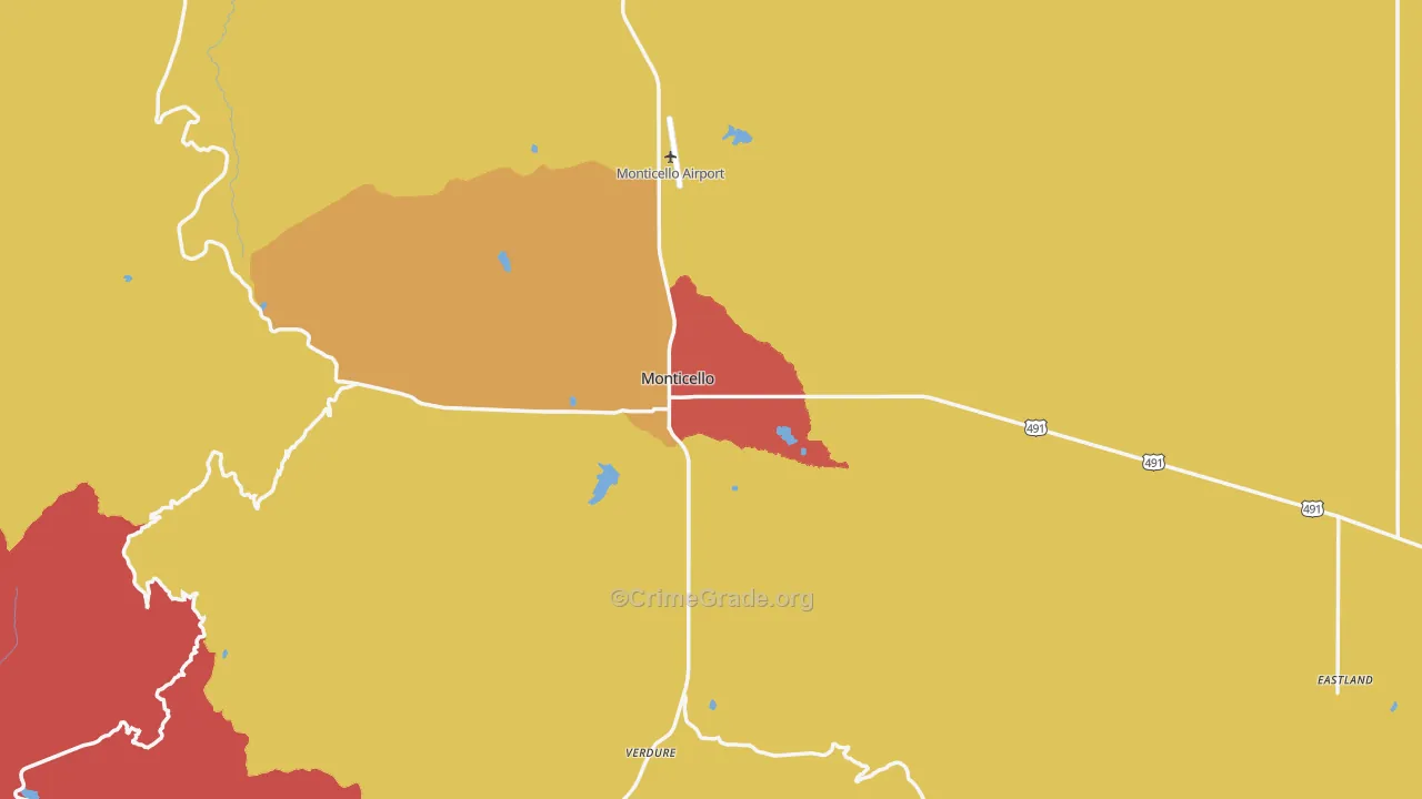Monticello, UT Map of Robbery Rates