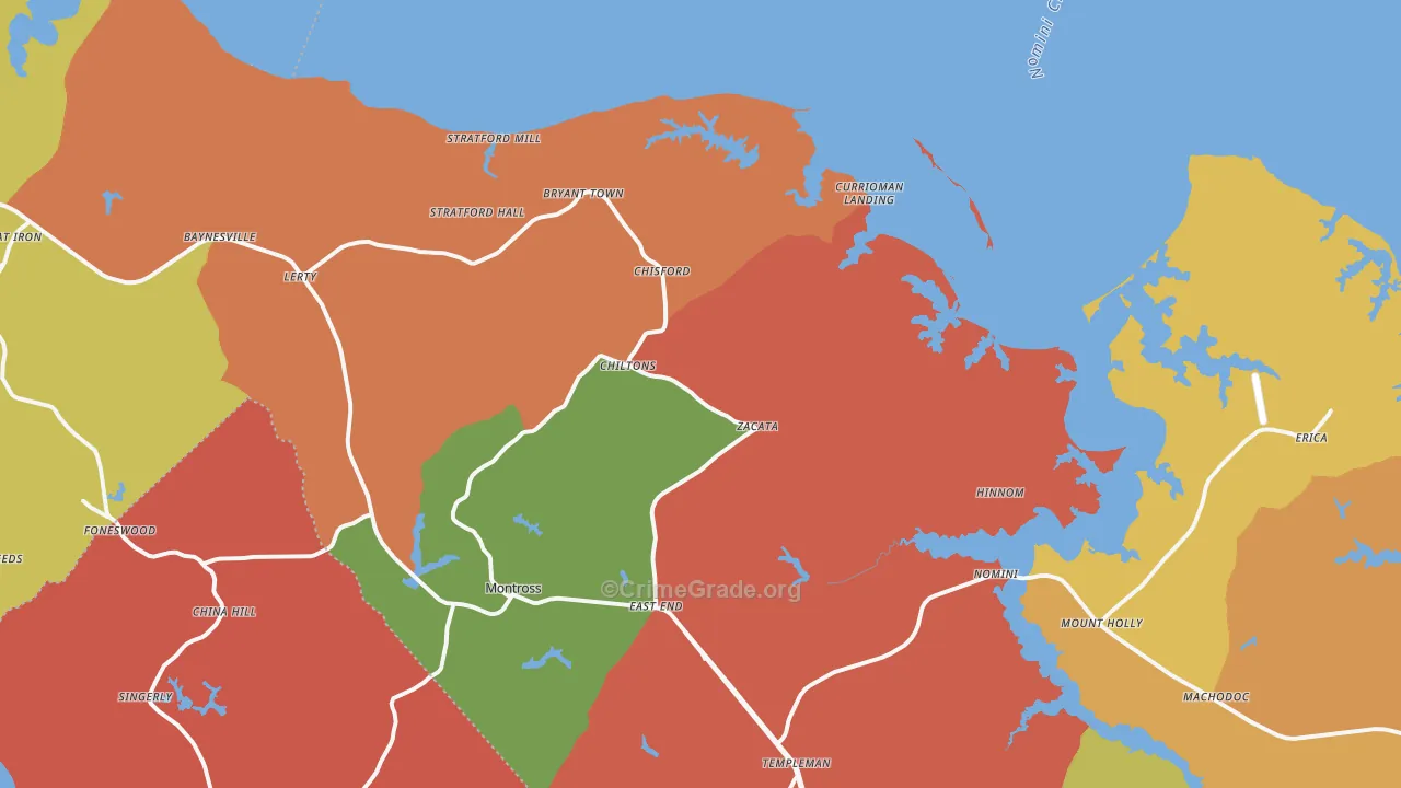 Montross, VA Map of Robbery Rates